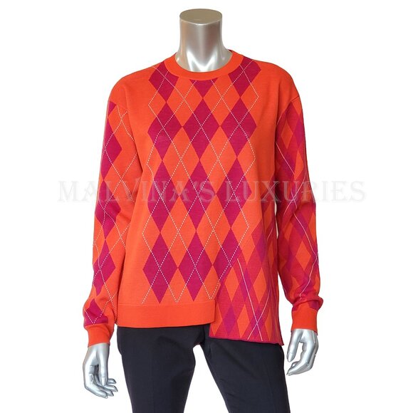 STELLA MCCARTNEY SWEATER RED HOT PINK WOOL ARGYLE PRINT TOP - Picture 1 of 11